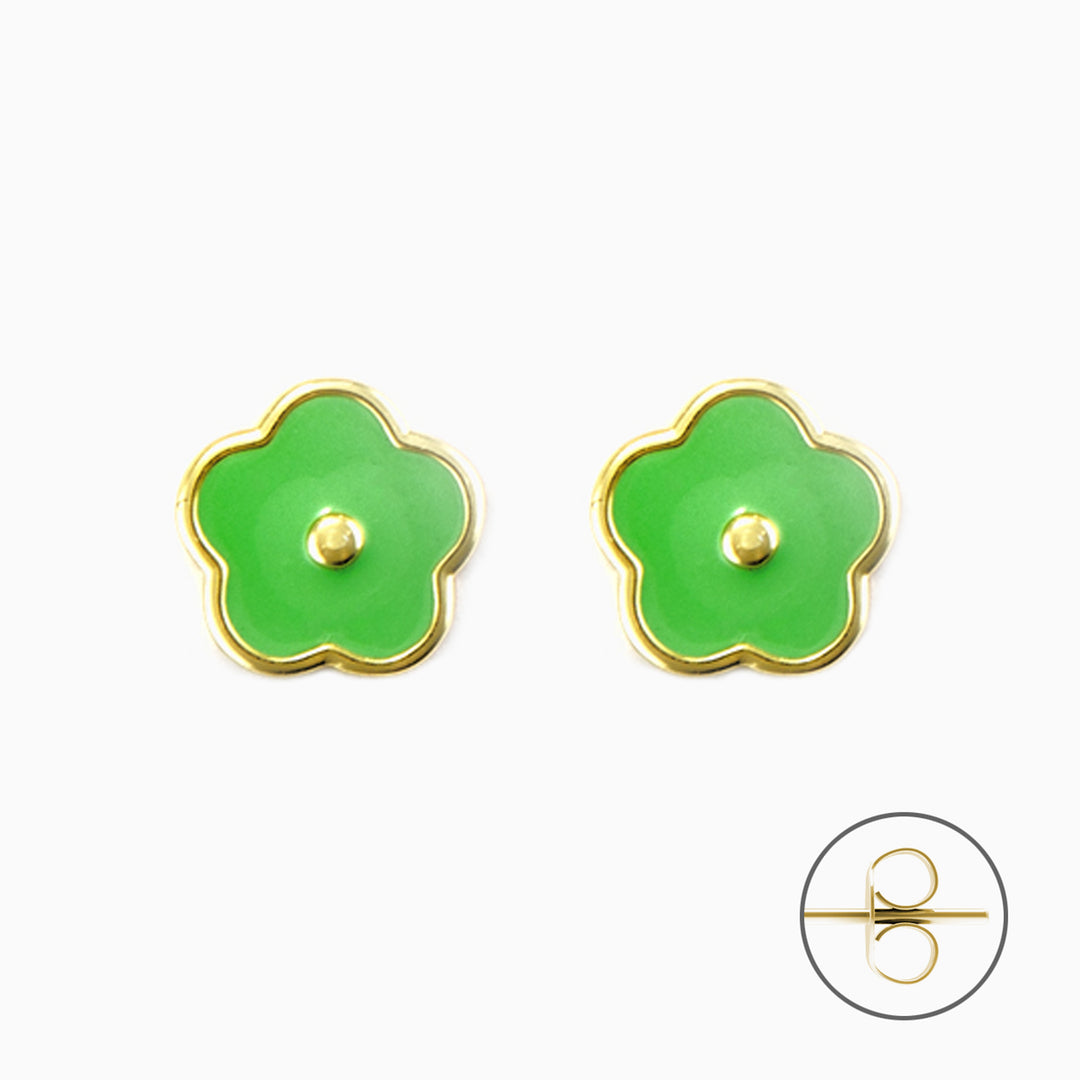 Orecchini in argento Donna Fiore Verde Smaltato con Finitura Dorata